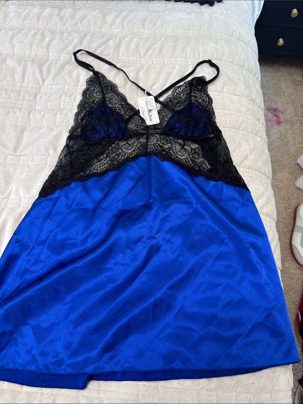 Lace-Trim Satin Chemise and Robe in Royal Blue & Black